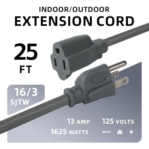 Image of EP 25FT Outdoor Extension Cord, 16 /3 SJTW Heavy Duty Grey, ETL Listed