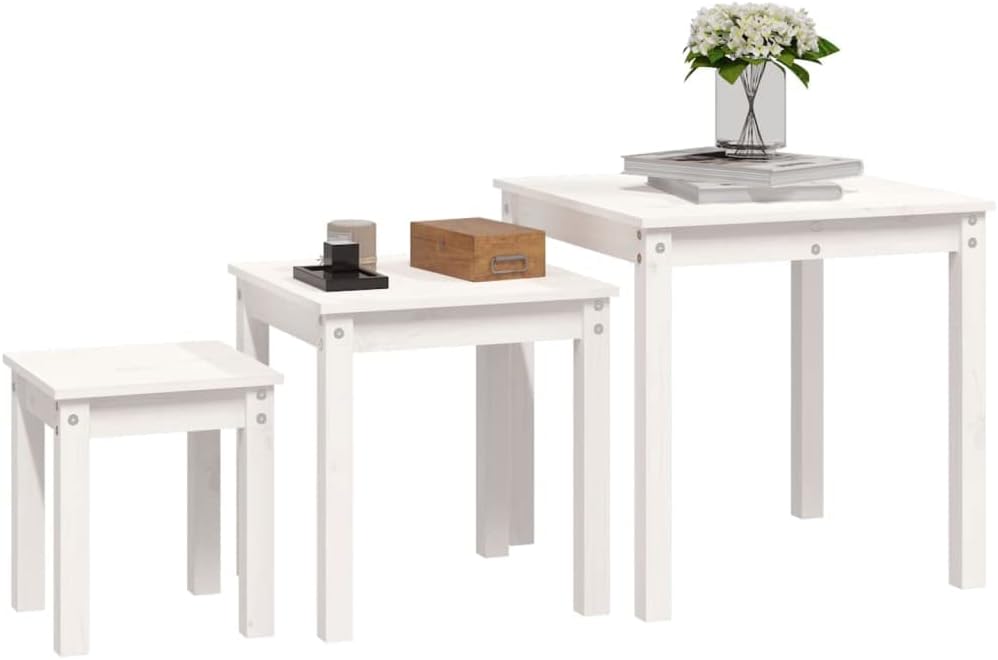 vidaXL Nesting Table White Solid Pine Wood Small Stackable