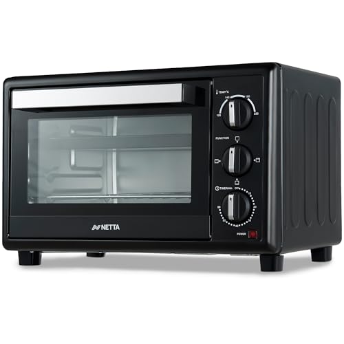 NETTA 30L Mini Oven & Electric Grill - Large Portable Table Top Cooker with 60-Minute Timer & Adjustable Temperature - 1500W Countertop Oven with Baking Tray & Rack - Compact Electric Oven - Black