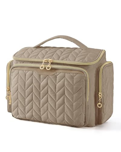 Image of BAGSMART Travel Toiletry Bag, Large Wide-open Travel Bag for Toiletries, Makeup Cosmetic Travel Bag with Handle, Camel, Natural Chic