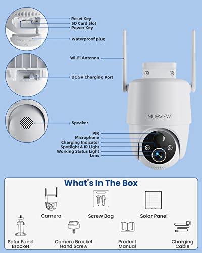 Mubview Solar Security Cameras Wireless Outdoor, 360° Ptz Battery Powered Outdoor Camera, 2.4Ghz Wifi Security Camera For Home, 2K, Color Night Vision, Motion Detection, 2-Way Audio, Sd/Cloud Storage #TOP7