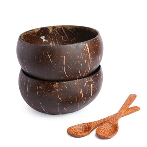 Image of Thenga Jumbo Coconut Shell 2 Bowl Set | 900 ML Eco-Friendly 2 Bowls with Coconut Wood Spoons for Smoothies, Salads, Breakfast & More | Handmade Rustic Kitchen Tableware - Set of 2