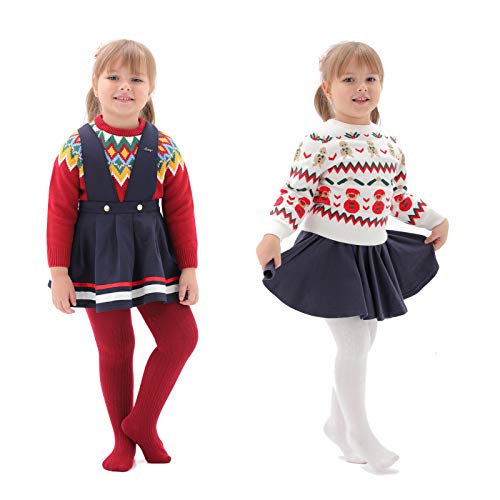 Epeius Little Girl Tights Kids Baby Girl Seamless Cable Knit Leggings Thick Solid Cotton Tights Stockings Pantyhose For 4-6 Years 3 Pair Pack,White/Dark Grey/Burgundy #TOP1