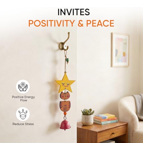 Image of Aakriti Art Creations Orange Kitty Wind Chime Multicolor | Handmade Modern Art Wooden & Metal Wind Chime | Matte Decorative Wind Chimes for Balcony, Garden, Living Room & Gifting
