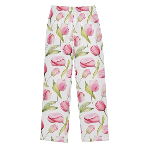 Pink Tulip Flower Long Pajama Pants Elastic Waist PJ Bottoms with Pockets S A1114792