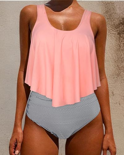 Image of OMKAGI Women's Ruffle Bikini Swimsuit High Waisted Bottom Plus Size Swimwear Tankini