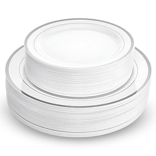 Aya's 60 Silver Rimmed Plastic Plates for Party, Heavy Duty Disposable Plate Set of 30 Dinner and 30 Dessert Plates for Weddings and Special Events, Fancy Disposable Tableware Aya's 60 Silver Rimmed Plastic Plates for Party, Heavy Duty Disposable Plate Set of 30 Dinner and 30 Dessert Plates for Weddings and Special Events, Fancy Disposable Tableware