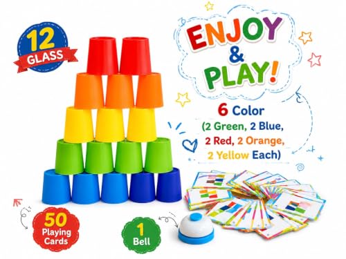 Image of EITHEO Color Sorting Cup Challenge Game Set, 12 Stacking Cups, 50 Pattern Matching Cards & Bell, Speed Cups Game, Montessori Educational STEM Learning Toy, Hand Eye Coordination Activity for Kids 3+