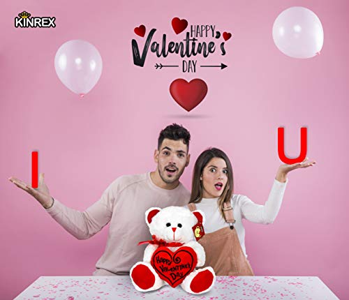 Kinrex Happy Valentine’s Day Stuffed Teddy Bear- Teddy Bear To Gift For Valentine’s Day For Couples- White Valentines Big Teddy Bear With Heart Pillow - 11.81” / 30 Cm. #TOP6