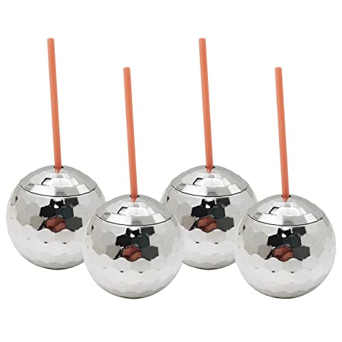 Bolaras Disco Ball Cups with Lids Straws Name Tags Cocktail Cups for Bachelorette Party Disco Ball Sipper Cups for Vacation New Years Eve Disco Ball Cups for Party Bulk Silver Set of 4