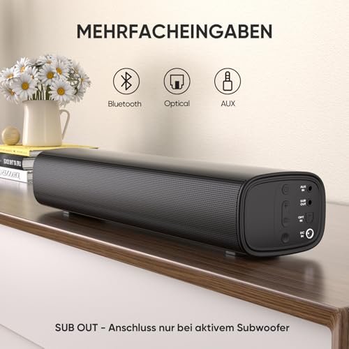 Saiyin 2.0-Kanal Soundbar für TV Geräte, 14.2 Zoll kompakte TV-Soundbar, 40 W Lautsprecher für Fernseher mit Optischer/AUX/Bluetooth-Verbindung, 3 EQ-Effekte für TV/PC/Projektor – Bild 4