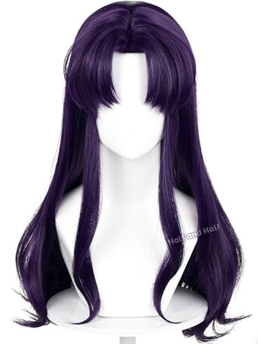 Image of Half and Half Long Curly Purple Wig with Bangs Anime Dark Purple Cosplay Wigs 21.6'' Synthetic Hair for Women Halloween Party