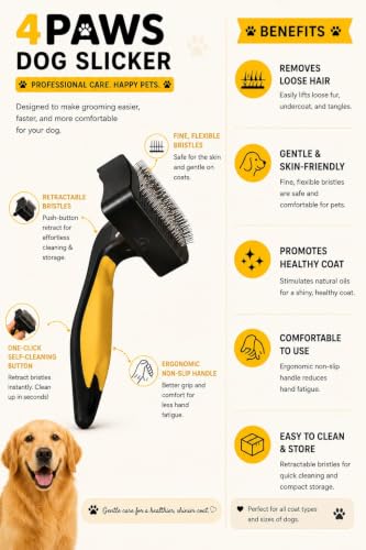 Image of 4PAWS Self-Cleaning Slicker Brush for Dogs & Puppies - Small Size Grooming Tool with Auto-Clean Button - Removes Loose Hair, Tangles & Undercoat - Ideal for All Breeds