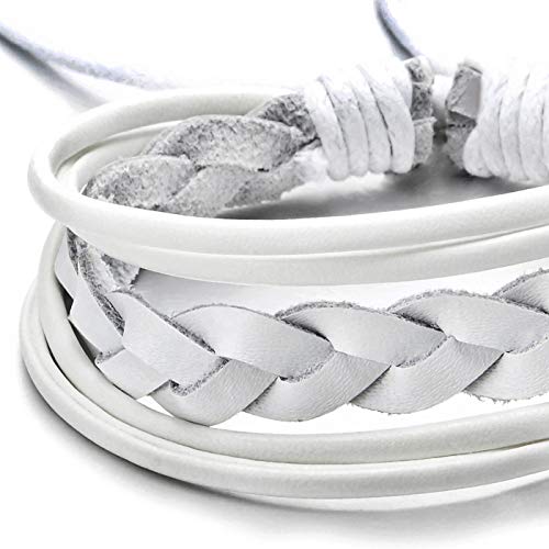 COOLSTEELANDBEYOND Mens Womens White Braided Leather Bracelet, Leather Wristband Wrap Bracelet, Adjustable2