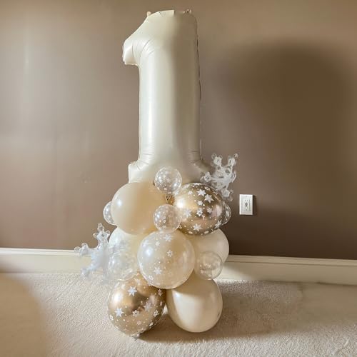 Image of Jobkoo Snowflake Balloons Winter Wonderland Beige Gold Cream White Sand Balloons Neutral Boho Winter Balloon Set for Ice Onderland Snow Holiday Birthday Christmas Baby Bridal Shower Party Decorations