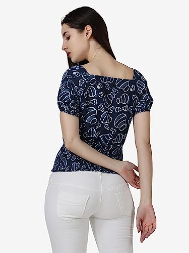 Image of POPWINGS Women Casual Bagru Print Top With Puff Sleeves and Square Neck - Stylish Trendy Smocking Summer Top