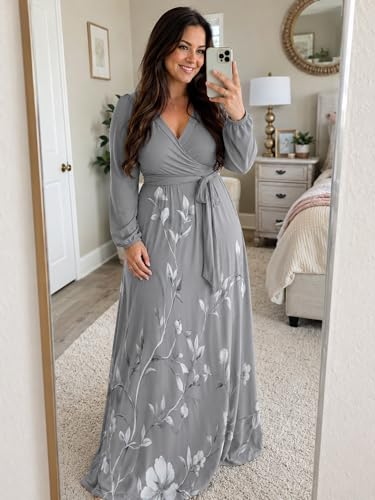 Image of PinkPatty Women's Long Sleeve Maxi Dress Plus Size Trendy Wedding Guest Wrap Dress with Pockets&Belt