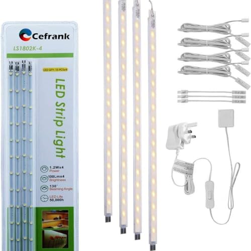 Under Cupboard Lights, 4 x 40cm Linkable LED Light Strips Kit, Low Profile, Energy Efficient, for Customized Shelf Lighting in Display Cabinet, Book Case, Kitchen ,Workspace - Warm White 3000K