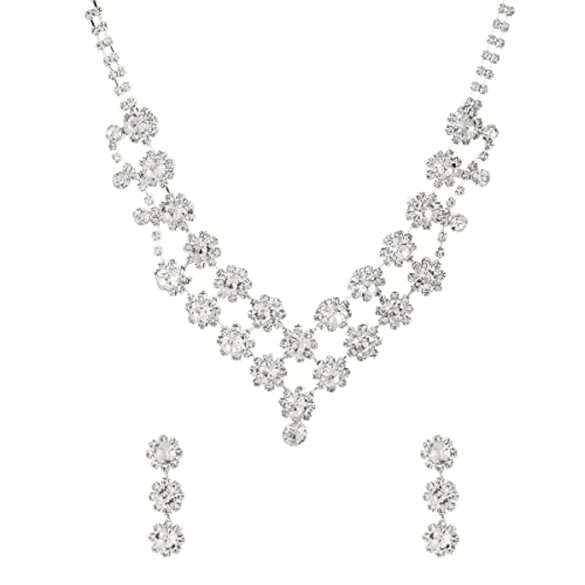 Silver Toned White Drop Chain Designed Necklace Set with Earrings