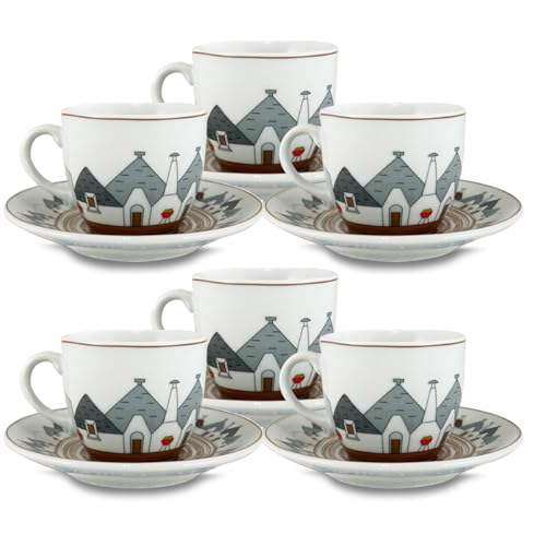 ARCA, Set 6 Tazzine da Caffè Trulli con Piattino, in Porcellana Bianca Decorata, Adatto a Lavastoviglie e Microonde, Capacità 90 ml, 11x6 cm