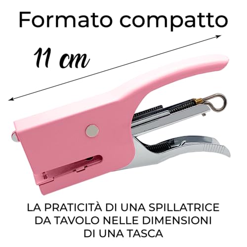 Manueller Hefter, Handheftgerät, Kompakter Hefter aus Stahl für Büro, Schule und Zuhause, 1000 kleine Klammern 10/4 enthalten, geschlossener Punkt, ergonomischer Griff (Rosa)