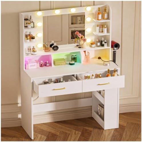 COMHOMA Vanity Desk with Mirror and Light, Small Makeup Vanity wi...