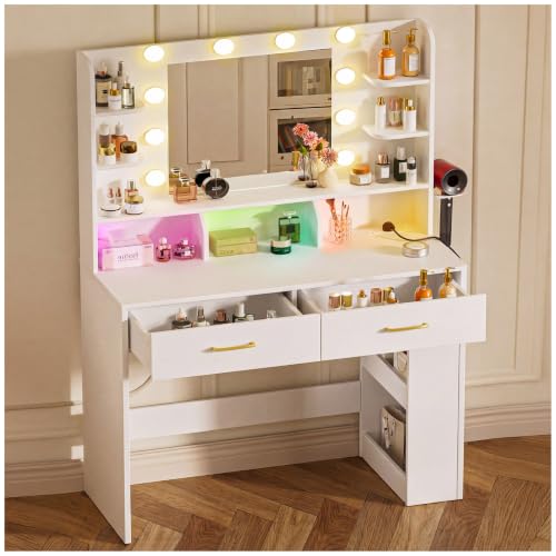Image of COMHOMA Vanity Desk with Mirror and Light, Small Makeup Vanity with Storage Drawers & Power Outlet, 3 Lighting Modes & Adjustable Brightness, Dressing Table for Women Girls Bedroom, White