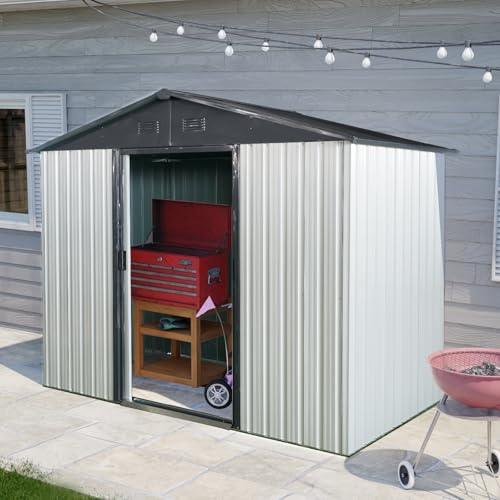 Ball-Cast-8x4ft-Metal-Outdoor-Storage-Shed-with-Sliding-Lockable-Door-and-FoundationSteel-Garden-Sheds-WSloped-RoofAll-Weather-Waterproof-Tool-Housefor-BackyardPatioLawnGardenWhiteBlack Ball Cast 8x4ft Metal Outdoor Storage Shed with Sliding Lockable Door and FoundationSteel Garden Sheds WSloped RoofAll Weather Waterproof Tool Housefor BackyardPatioLawnGardenWhiteBlack