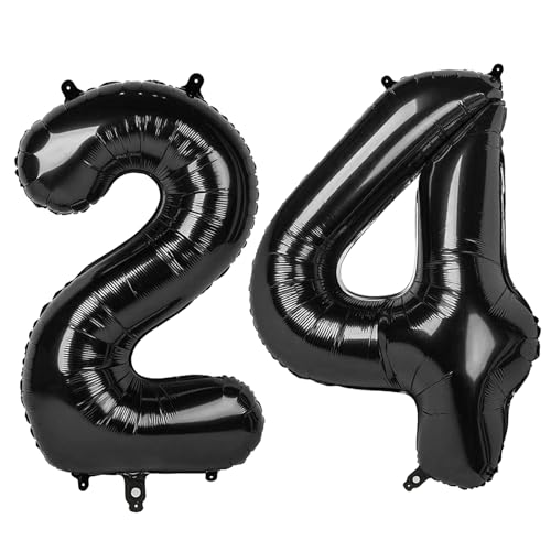Image of Number Balloons 24 Balloon Black for 24 42 Birthday Party Decoration, 40 in | Saturated Color, Large 40 inch, With Inflation Straw & Hanging Holes, Great for Men's Birthday, Gothic Theme Party, Halloween