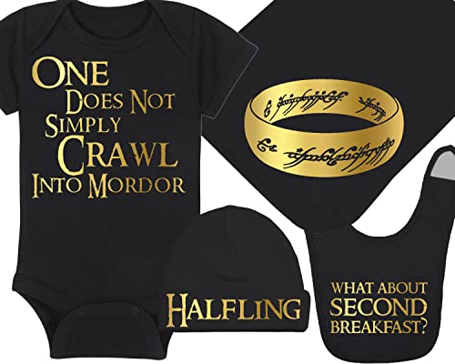 Image of LOTR Baby Onesie, Hat, Blanket and Bib - One Does Not Simply Crawl Into Mordor - Halfling - The One Ring - What About Second Breakfast (6-12 Month - Black Fabric - Gold Design)