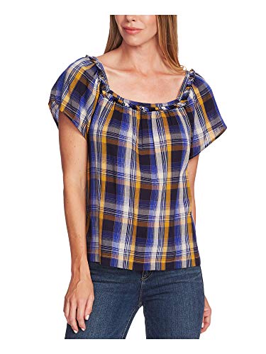 Vince Camuto Womens Sunset Ruffled Glen Plaid Blouse Blue XS