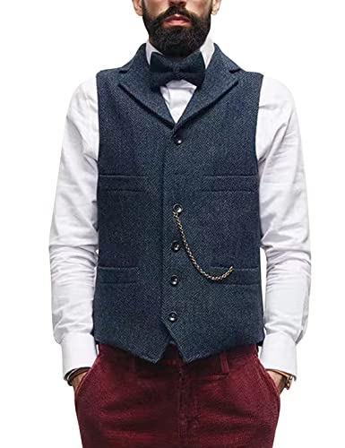Snoly Men's Wool Tweed Suit Vests Herringbone Formal Waistcoat Plus Size for Tuxedos Wedding Groom Vest