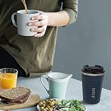 SUNTQ Kubek do kawy na wynos ze stali nierdzewnej – kubek termiczny z podwójną ścianką, izolowany, kubek do kawy z szczelną pokrywką, wielokrotnego użytku (czarno-niebieski, 380 ml)
