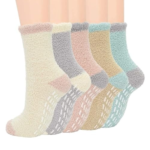 Image of Non Slip Fuzzy Socks Winter Women Cozy Hospital Socks,Cozy Hospital Socks Warm Fluffy Slipper Socks with Grips Home Grip Socks (5 Pairs,Multicolor)