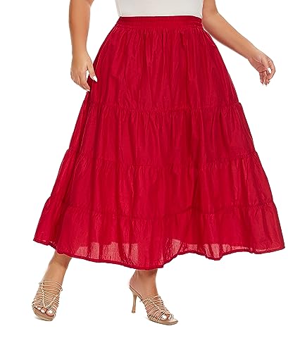 Beautybatik Women Cotton Plus Size Boho Gypsy Long Maxi Tier Skirt with Pockets XL to 3X4