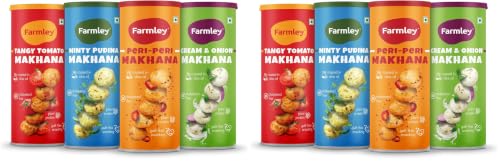 Image of Farmley Roasted & Flavored Makhana Pack of 8 (77g Each) | Minty Pudina, Peri Peri, Tangy Tomato & Cream & Onion | Healthy Namkeen Snack | Gluten Free | Rich in Protein & Fiber | Roasted in Olive Oil
