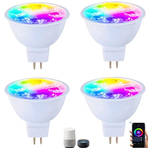 Smart MR16 LED Bulb Dimmable Color Changing, 12V Gu5.3 Bi-pin Base, WiFi & Bluetooth LED Bulbs Work with Alexa Google, Color Changing Sync with Music, for Living Room, Bedroom, Office,Hotel etc. 4Pack by Wixann - Used condition - US$39.99