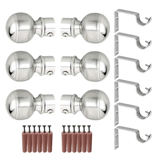 Image of GRIVAN Stainless Steel Curtain Bracket Parda Holder with Support 1 Inch Rod Pocket Finials Designer Door and Window Rod Support Fittings, Curtain Rod Holder (Silver Pair of 3)