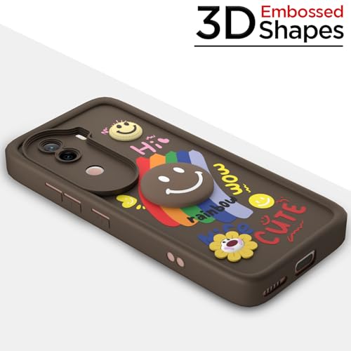 Image of Pikkme Back Cover for iQOO Z9s 5G / Vivo V40e 5G | Soft Silicone| Cute Rainbow Smile & 3D Cartoon Flower Design | Shockproof Raised Camera Protection Bumper Case (Brown)