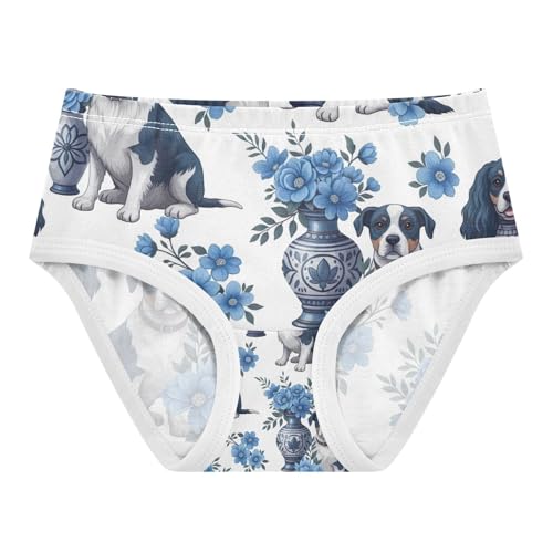 Cute Dogs Blue Floral Retro Undies for Toddler Girls, Girls Cotton Underwear, 2T–8 Years