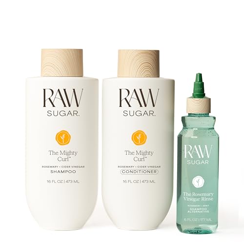Raw Sugar The Mighty Curl Hair Care Duo and Rosemary Vinegar Hair Rinse (3 Products) Gently Cleanses Defines Curls & Boosts Shine Without SLS/SLES & Parabens Color-Friendly Vegan