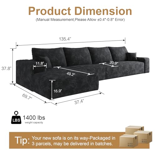 Image of 96 inch Sectional Couches for Living Room Cloud Couch Sofa with L-Shape Upholstered Boneless Couchs Modern Modular Sectional Couch with Chaise