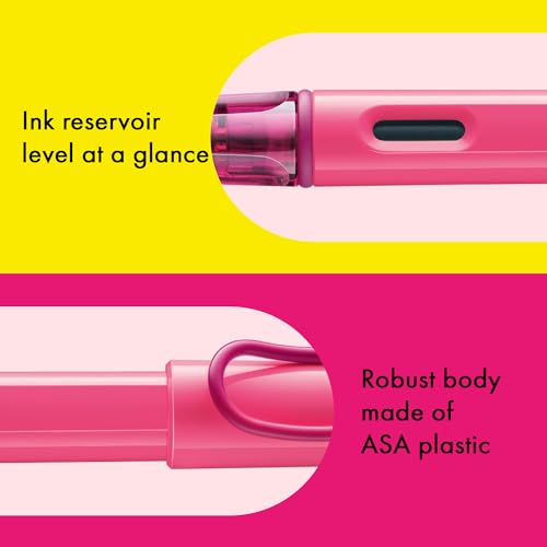 Image of Lamy Safari Neon Pink Fountain Pen with Polished Steel Nib in Line Width M | Lamy Fountain pen with ergonomic grip - robust ASA plastic - incl. LAMY T 10 blue ink cartridge - right-handed users