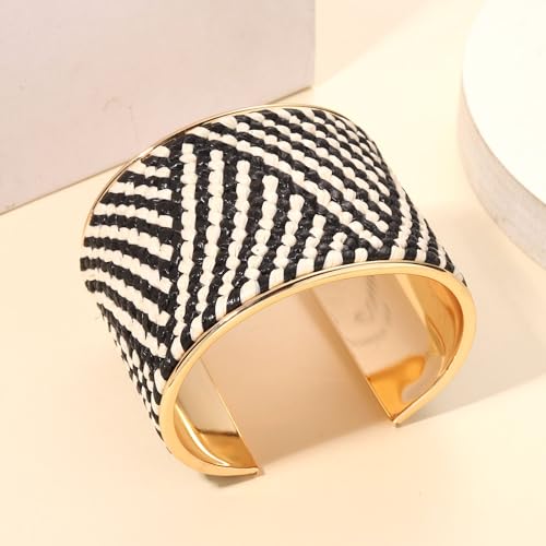 FAERLIIRY Wide Cuff Bracelet Gold Chunky Bangles Bracelets for Women Black White Open Bangle with Raffia Statement Cuff Wrap Bracelet Punk Jewelry (Black White)3