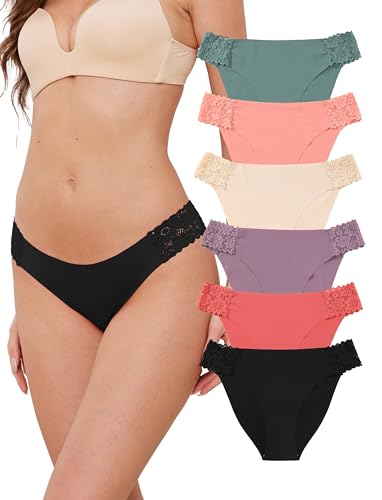 Ameetorie 6 pack Seamless Underwear for Women Sexy No Show Bikini Panties Lace Ladies low waist Invisible Cheeky (US Alpha Large Regular Regular GreenPinkSkinPurpleRoseBlack)