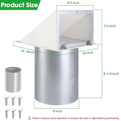 8 Inch Hooded Wall Vent with Screen and Damper,Outdoor Wall Exhaust Vent Cover Cap for Kitchen Range Hood Dryer Duct Ventilation &Exterior Air Exhaust Applications,Galvanized Steel,White by JYINCPED - Image 2