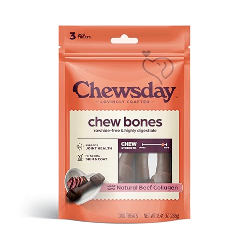 Chewsday Rawhide Free Chew Bones, Real Beef Collagen, 3 Pack