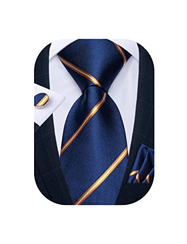 Image of DiBanGu Striped Tie Set for Men Silk Woven Plaid Necktie and Pocket Square Cufflinks Business Wedding