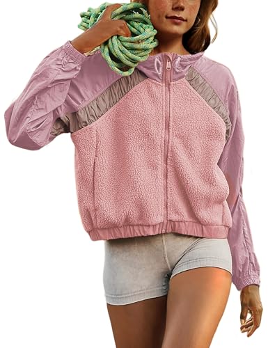 APAFES Womens Fleece Jacket Zip Up Long Sleeve Patchwork Fall Winter Sherpa Coats Activewear