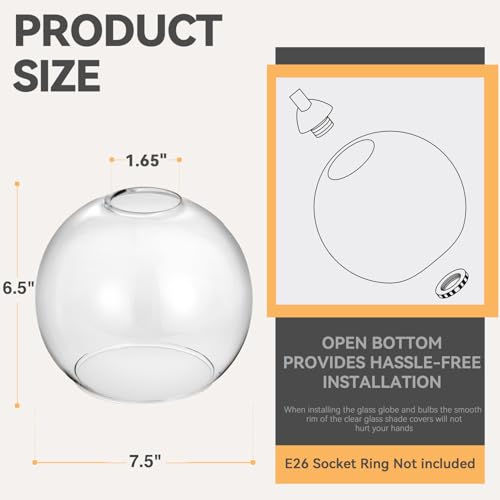 Image of 1 Pack Glass Shades Globes, Clear Glass Shade Replacements Lampshade Covers for Light Fixtures, 1.65 In Fitter Transparent Lampshades for Chandelier Wall Sconces Vanity Lights Pendant Lights